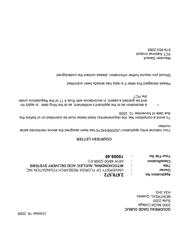 Canadian Patent Document 2678572. Correspondence 20091019. Image 1 of 1