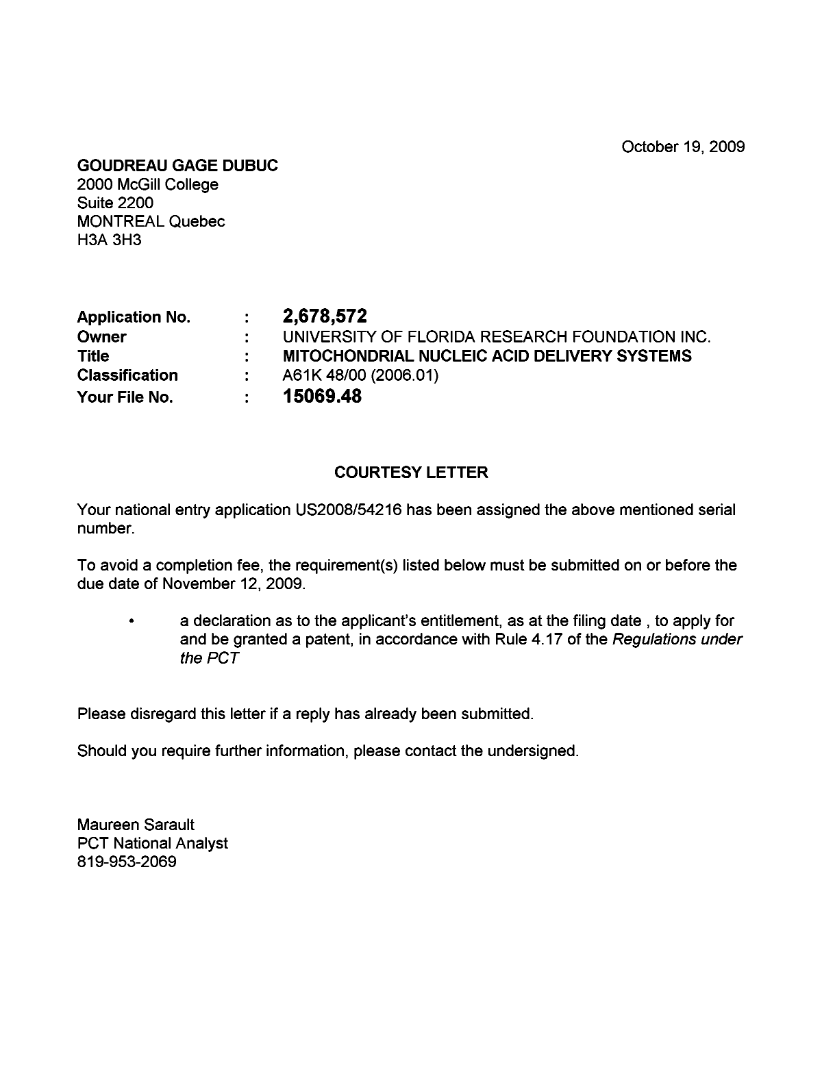 Document de brevet canadien 2678572. Correspondance 20091019. Image 1 de 1