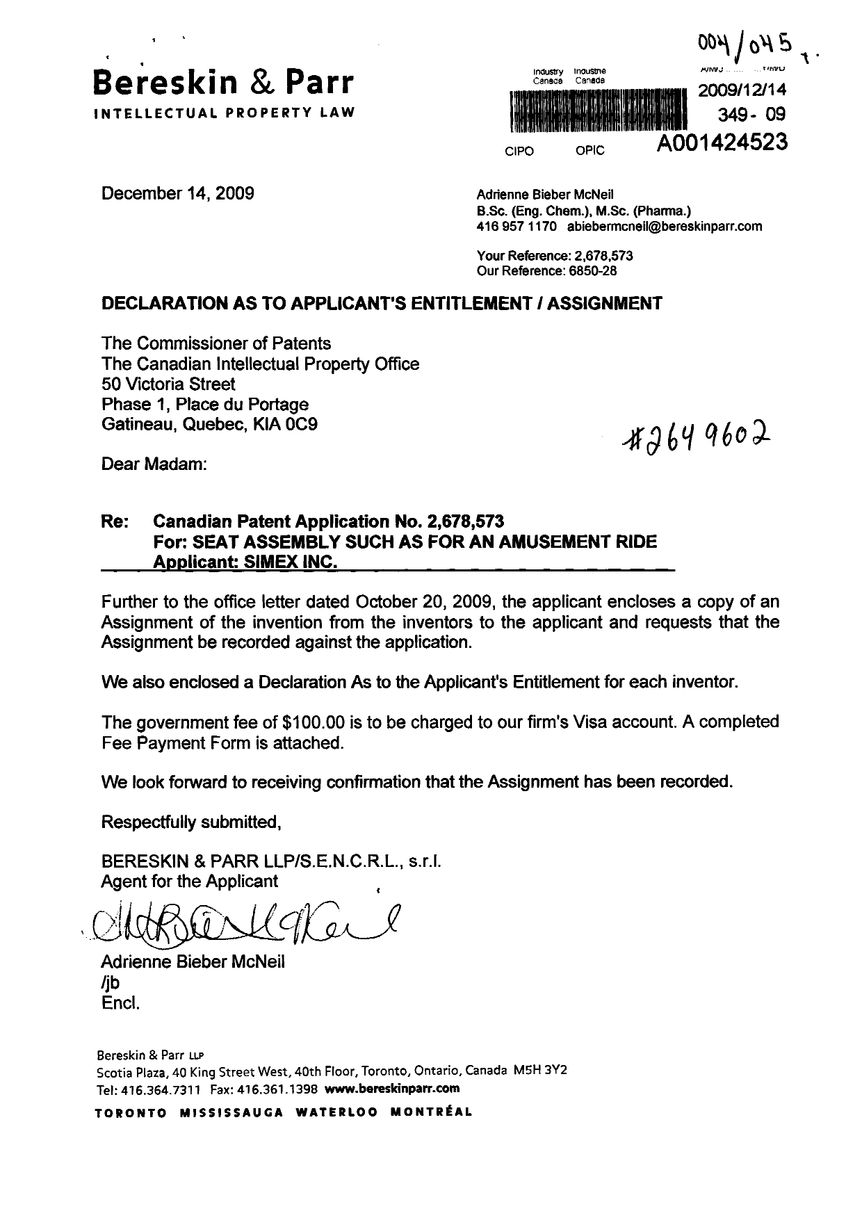 Document de brevet canadien 2678573. Correspondance 20091214. Image 1 de 3