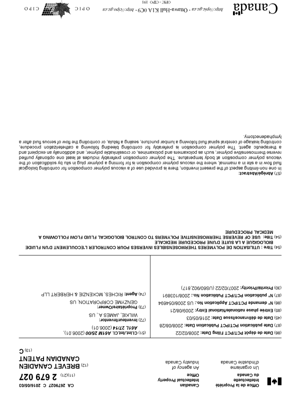 Document de brevet canadien 2679027. Page couverture 20151216. Image 1 de 1