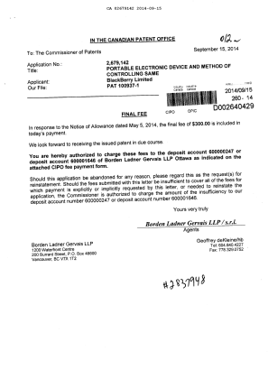 Document de brevet canadien 2679142. Correspondance 20140915. Image 1 de 1