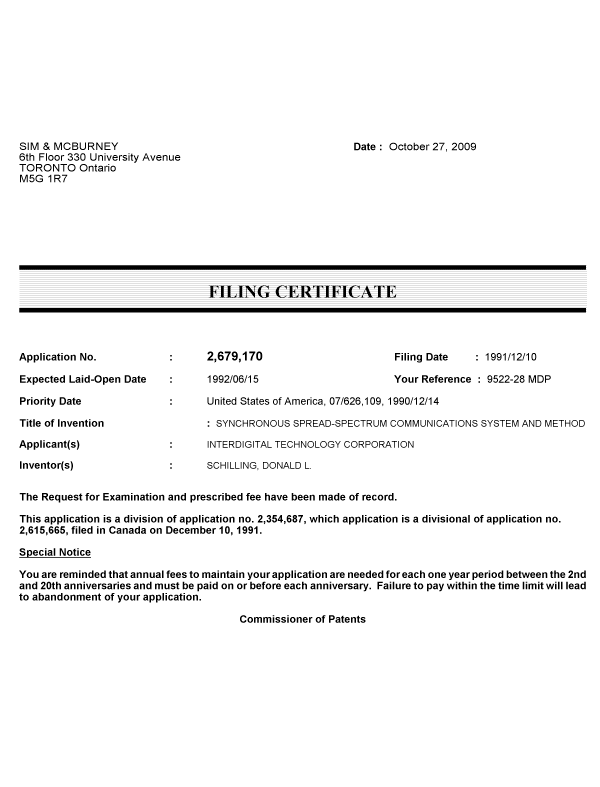 Canadian Patent Document 2679170. Correspondence 20091020. Image 1 of 1