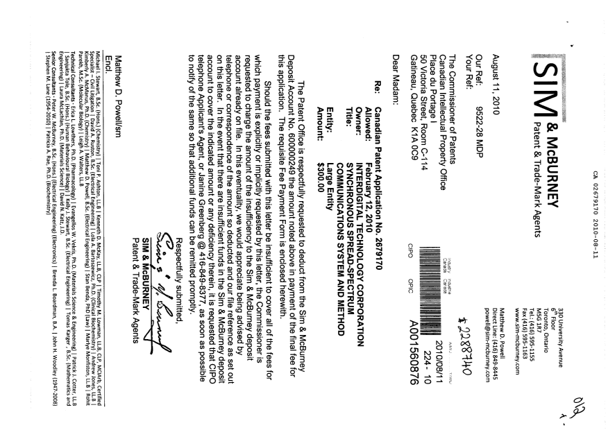 Canadian Patent Document 2679170. Correspondence 20100811. Image 1 of 1