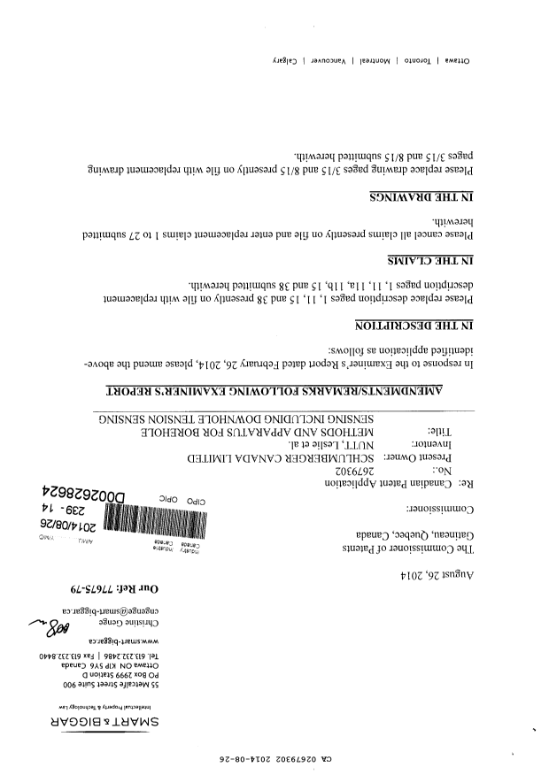 Canadian Patent Document 2679302. Prosecution-Amendment 20140826. Image 1 of 23