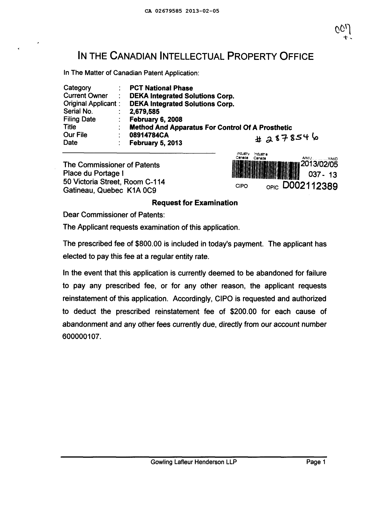 Document de brevet canadien 2679585. Poursuite-Amendment 20130205. Image 1 de 2
