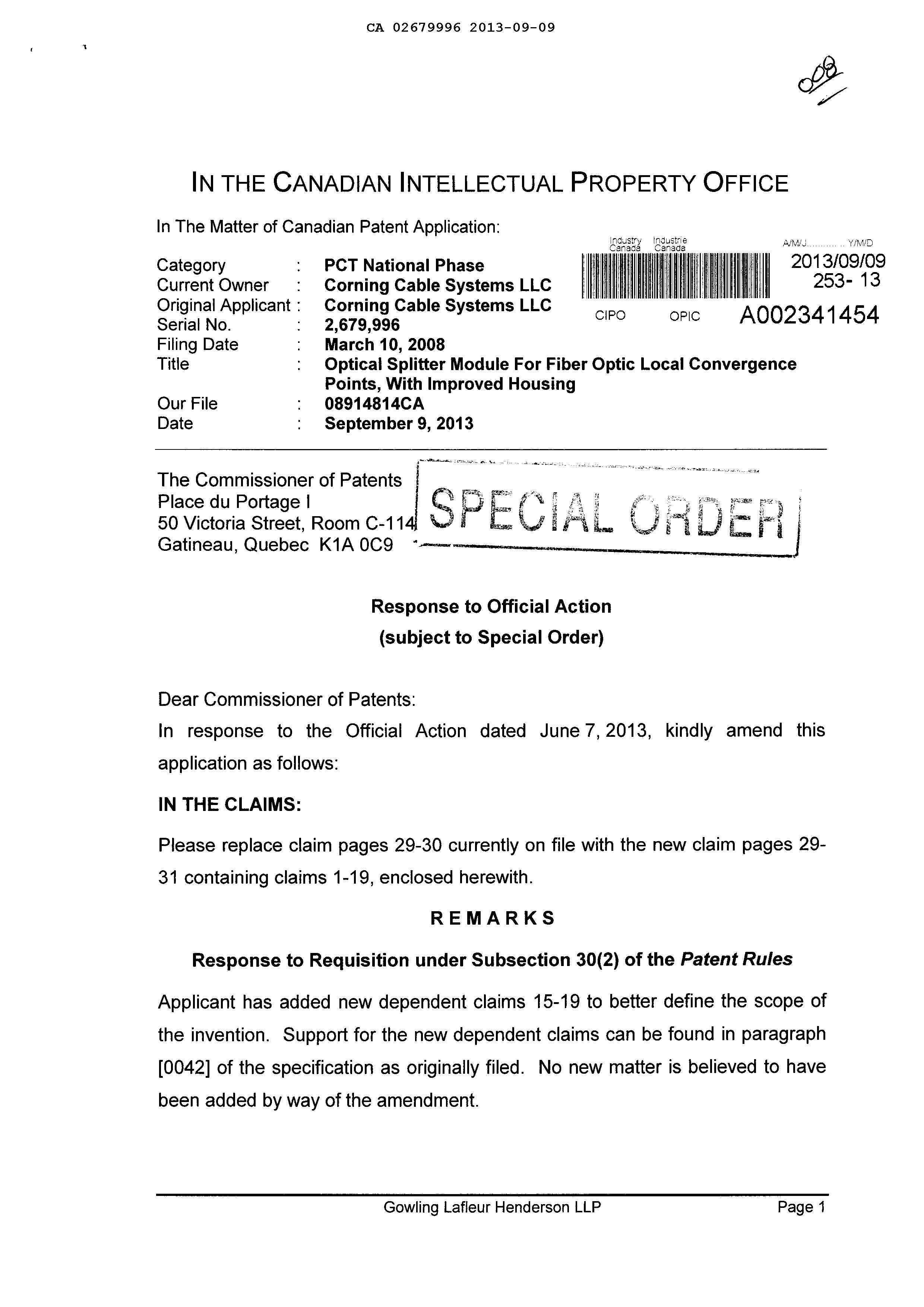 Document de brevet canadien 2679996. Poursuite-Amendment 20121209. Image 1 de 9