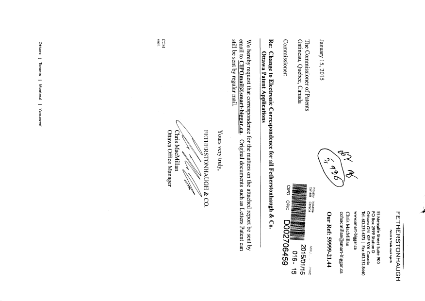 Document de brevet canadien 2680188. Correspondance 20150115. Image 1 de 2
