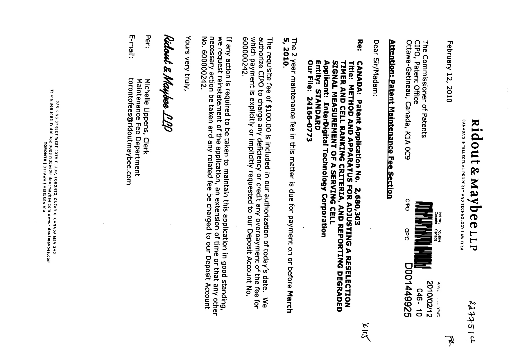 Canadian Patent Document 2680303. Fees 20100212. Image 1 of 1