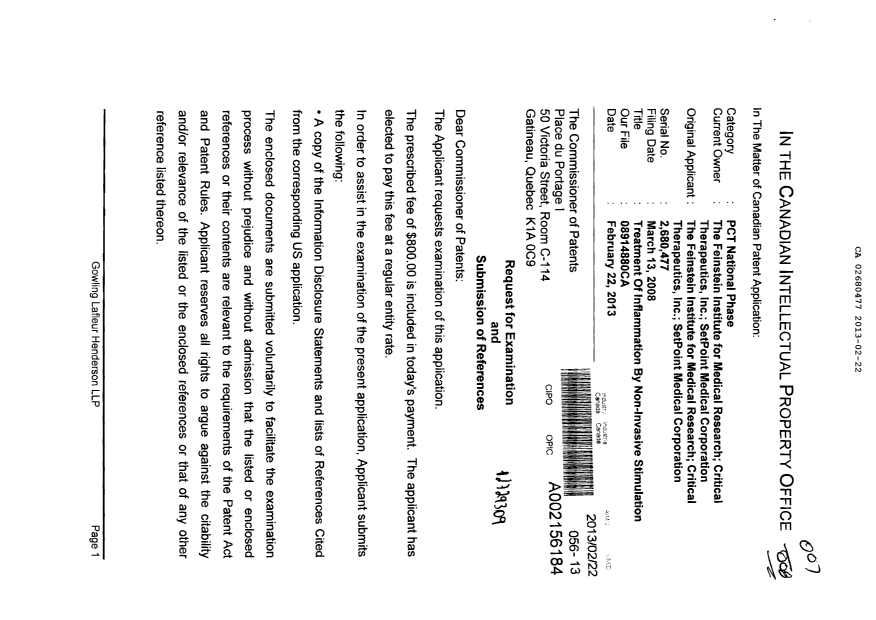 Canadian Patent Document 2680477. Prosecution-Amendment 20121222. Image 1 of 2