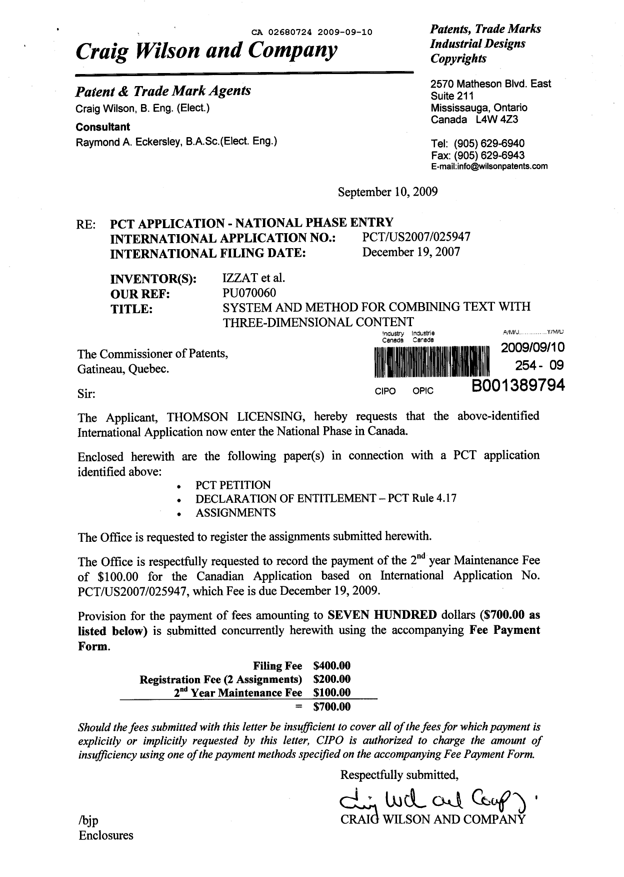 Document de brevet canadien 2680724. Cession 20090910. Image 1 de 5