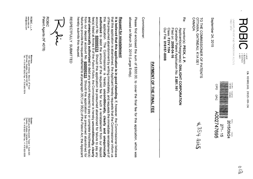 Document de brevet canadien 2681161. Taxe finale 20150924. Image 1 de 2