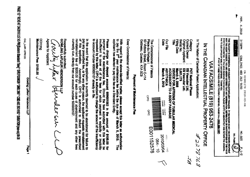 Document de brevet canadien 2681179. Taxes 20100304. Image 1 de 1