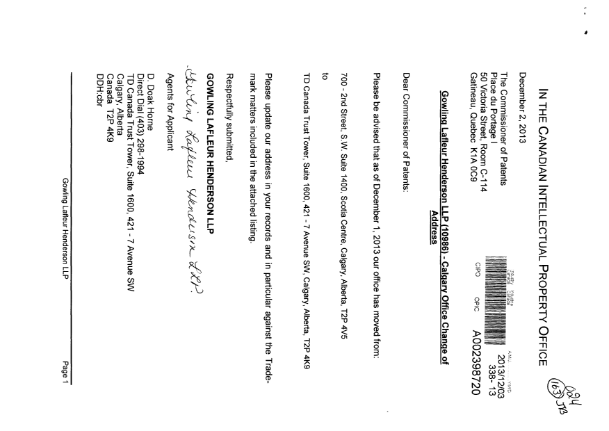 Document de brevet canadien 2681179. Correspondance 20131210. Image 1 de 4