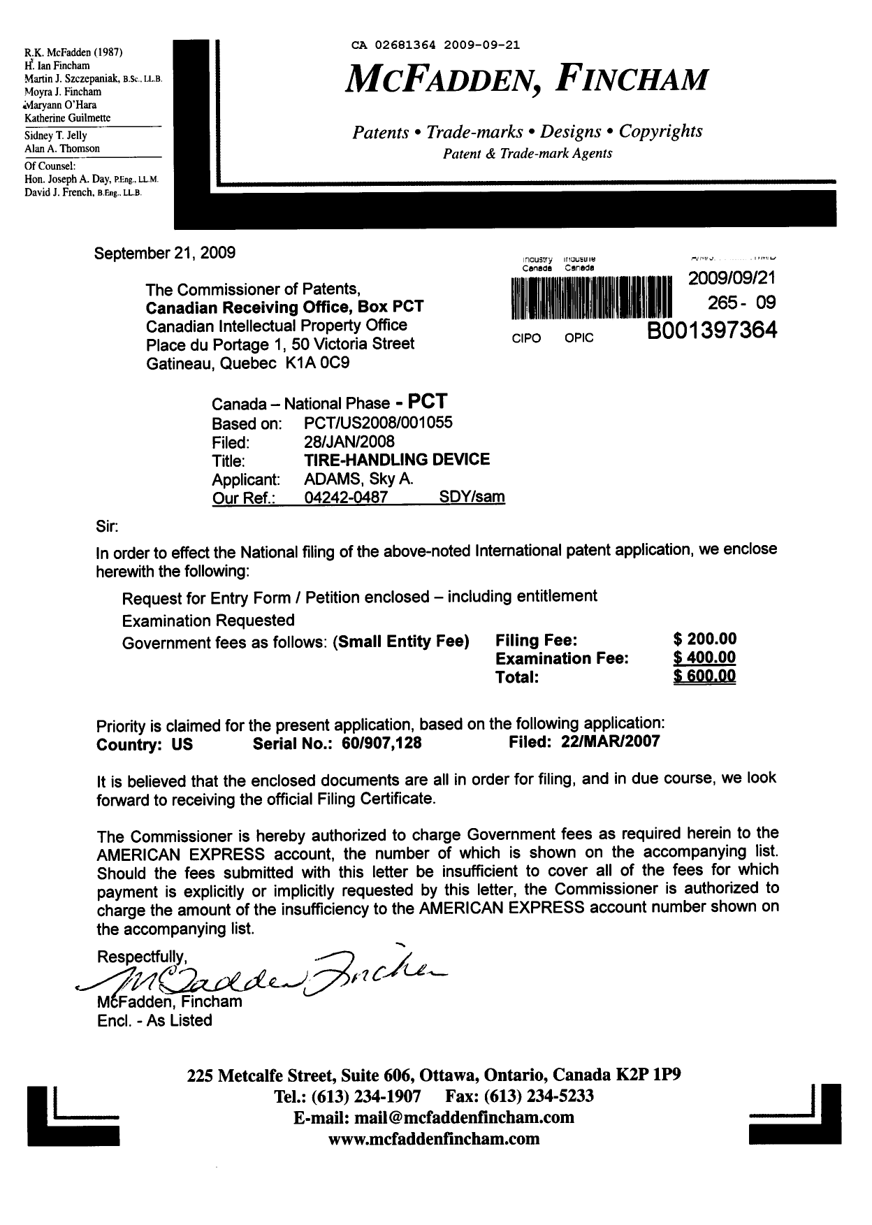 Canadian Patent Document 2681364. Assignment 20090921. Image 1 of 2