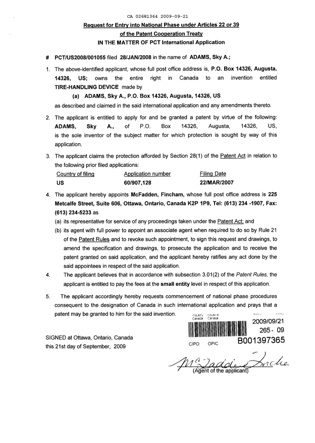 Document de brevet canadien 2681364. Cession 20090921. Image 2 de 2