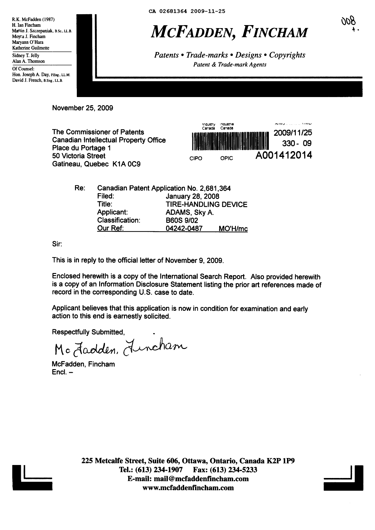 Document de brevet canadien 2681364. Poursuite-Amendment 20091125. Image 1 de 1