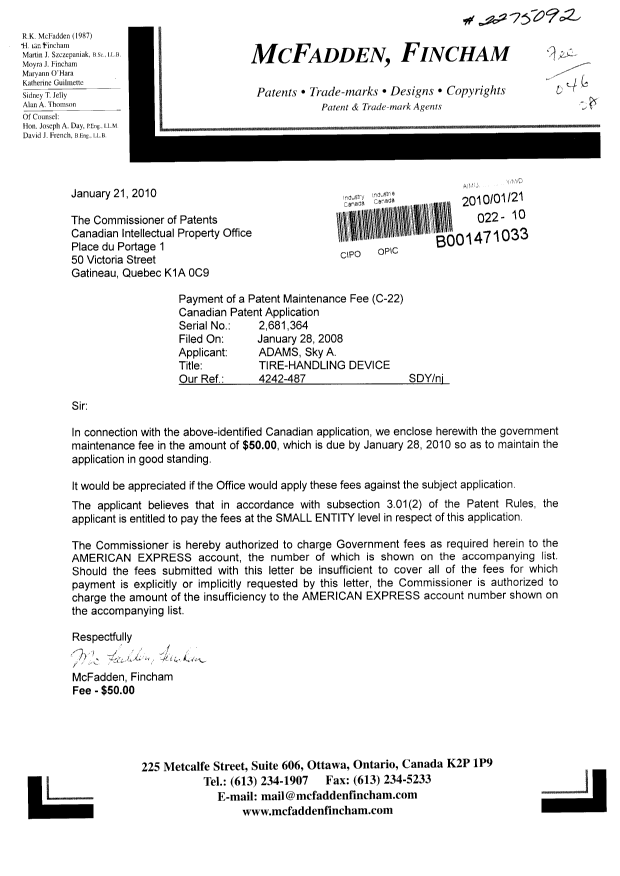 Document de brevet canadien 2681364. Correspondance 20100121. Image 1 de 1