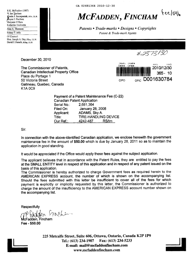 Document de brevet canadien 2681364. Taxes 20101230. Image 1 de 1