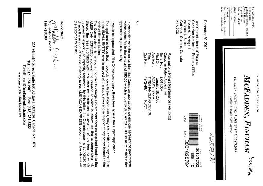 Document de brevet canadien 2681364. Correspondance 20101230. Image 1 de 1