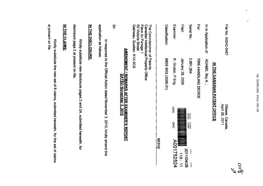 Canadian Patent Document 2681364. Prosecution-Amendment 20110428. Image 1 of 7