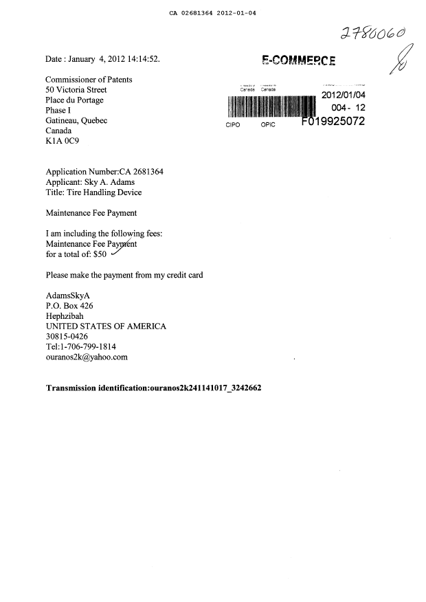 Document de brevet canadien 2681364. Taxes 20120104. Image 1 de 1