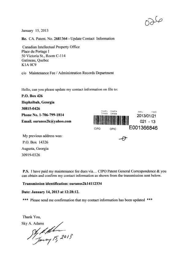 Document de brevet canadien 2681364. Correspondance 20130121. Image 1 de 1