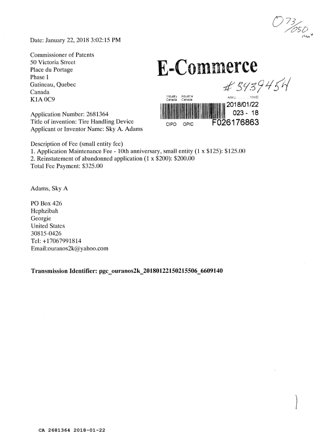 Document de brevet canadien 2681364. Rétablissement 20180122. Image 1 de 1