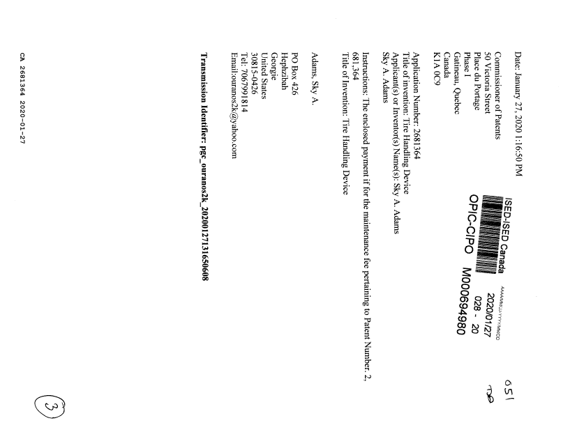 Document de brevet canadien 2681364. Correspondance taxe de maintien 20200127. Image 1 de 3