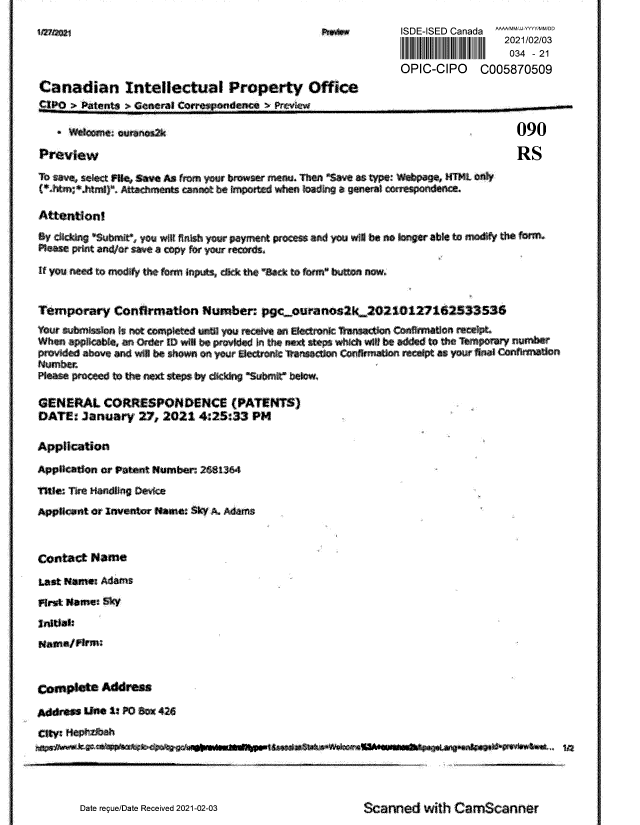Document de brevet canadien 2681364. Remboursement 20210203. Image 1 de 16
