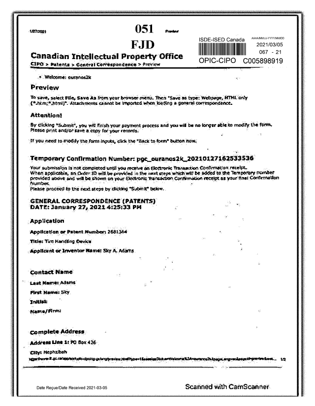 Document de brevet canadien 2681364. Correspondance taxe de maintien 20210305. Image 1 de 3