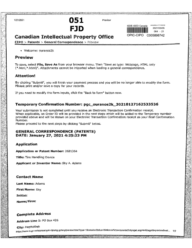 Document de brevet canadien 2681364. Correspondance taxe de maintien 20210305. Image 1 de 3
