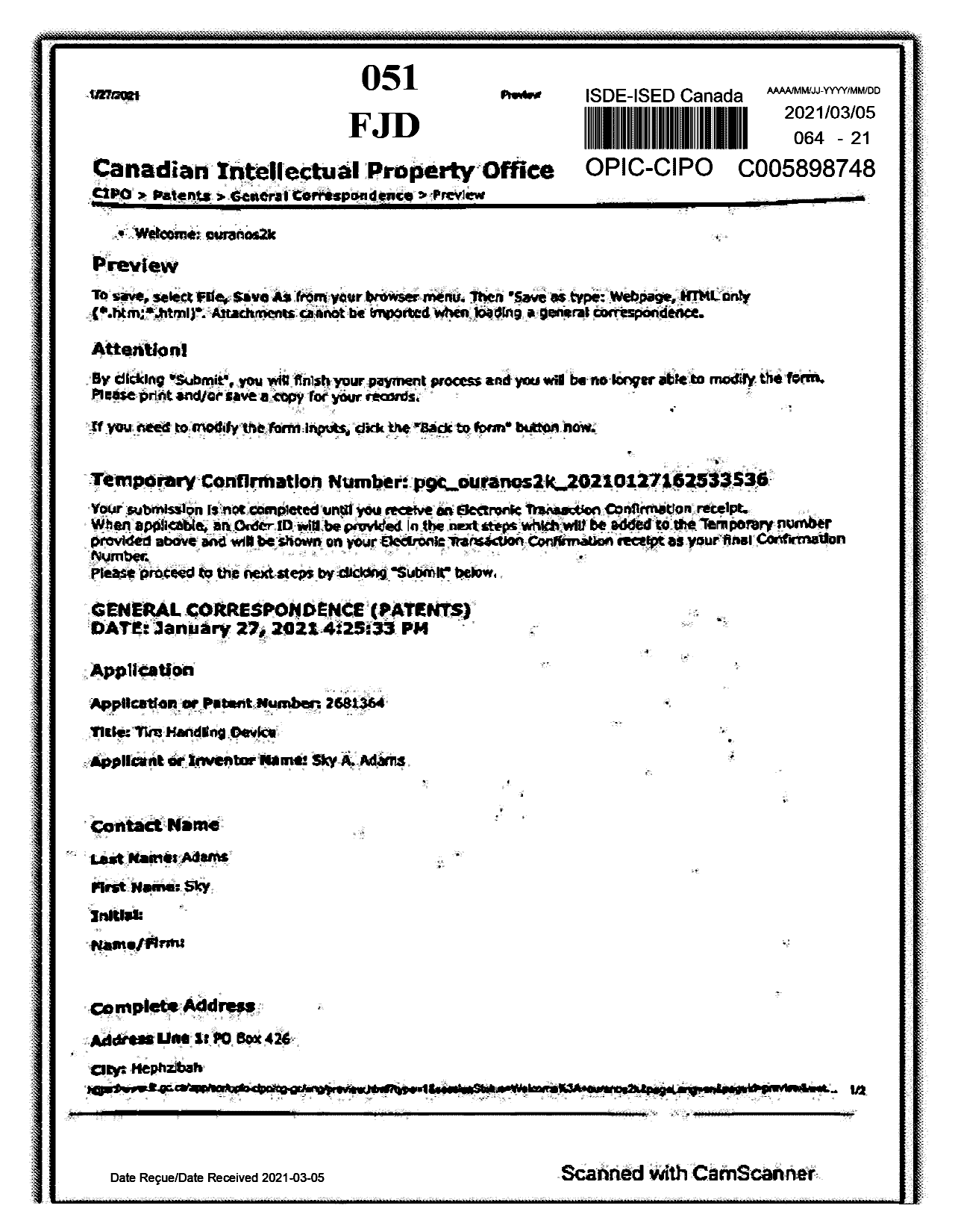 Canadian Patent Document 2681364. Maintenance Fee Correspondence 20210305. Image 1 of 3