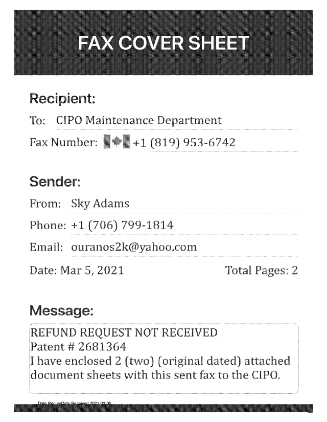 Canadian Patent Document 2681364. Maintenance Fee Correspondence 20210305. Image 3 of 3
