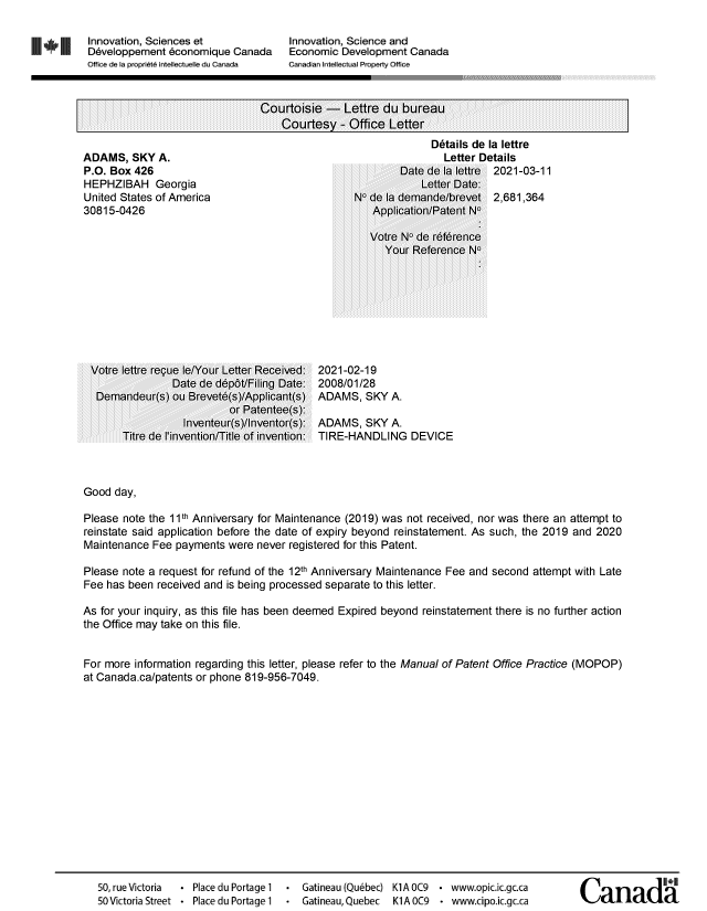 Document de brevet canadien 2681364. Lettre du bureau 20210311. Image 1 de 1