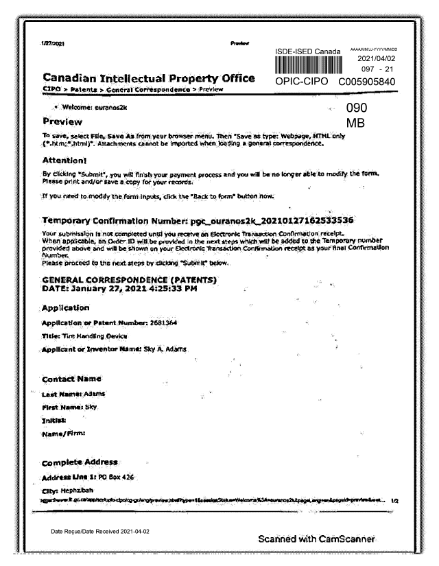 Document de brevet canadien 2681364. Remboursement 20210402. Image 1 de 3