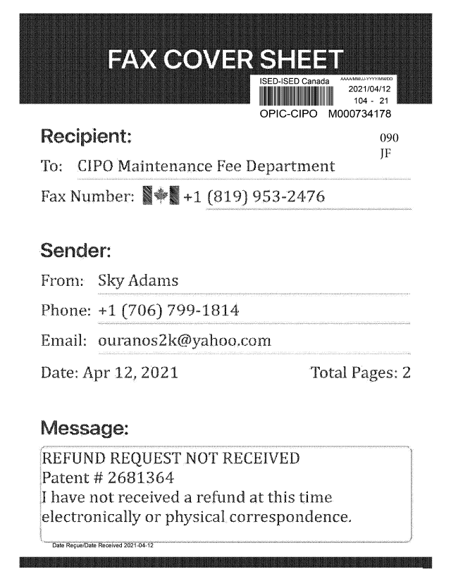 Document de brevet canadien 2681364. Remboursement 20210412. Image 1 de 3