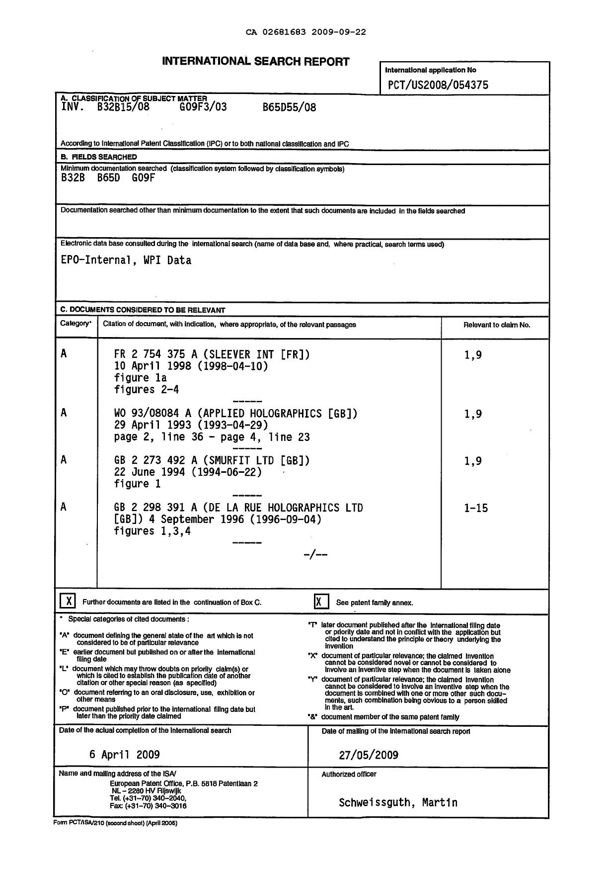 Document de brevet canadien 2681683. PCT 20090922. Image 1 de 3