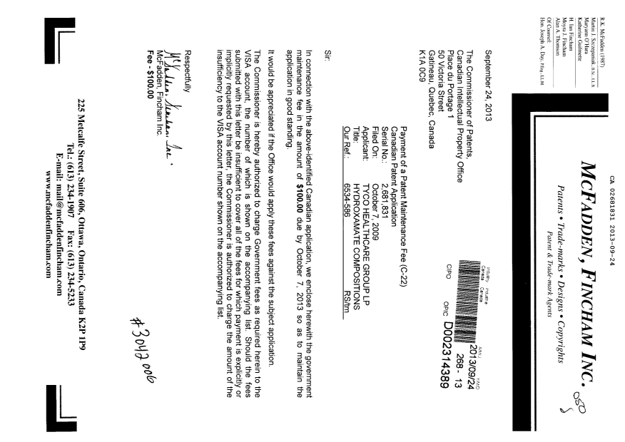 Document de brevet canadien 2681831. Taxes 20130924. Image 1 de 1