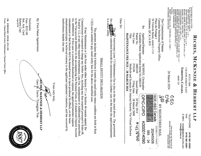 Document de brevet canadien 2682249. Paiement de taxe périodique 20240326. Image 1 de 1