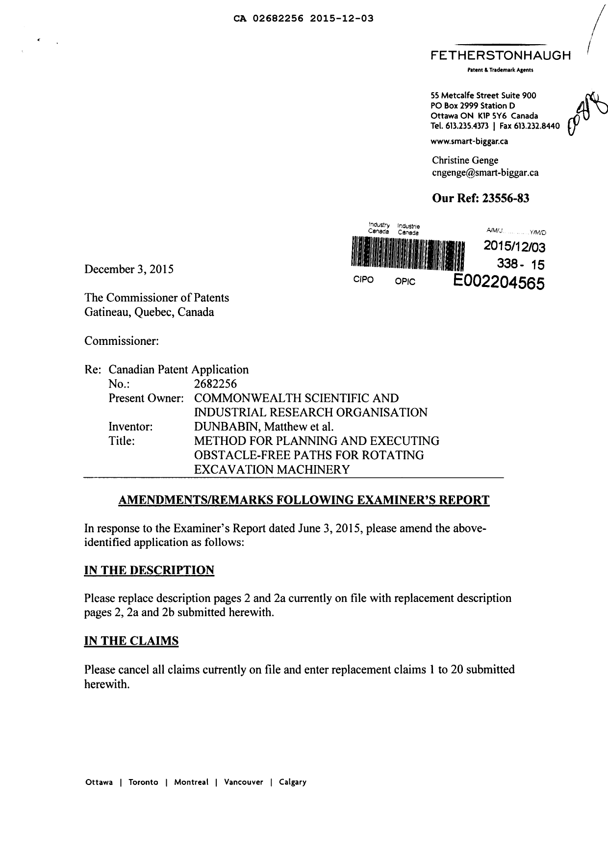 Document de brevet canadien 2682256. Modification 20151203. Image 1 de 15