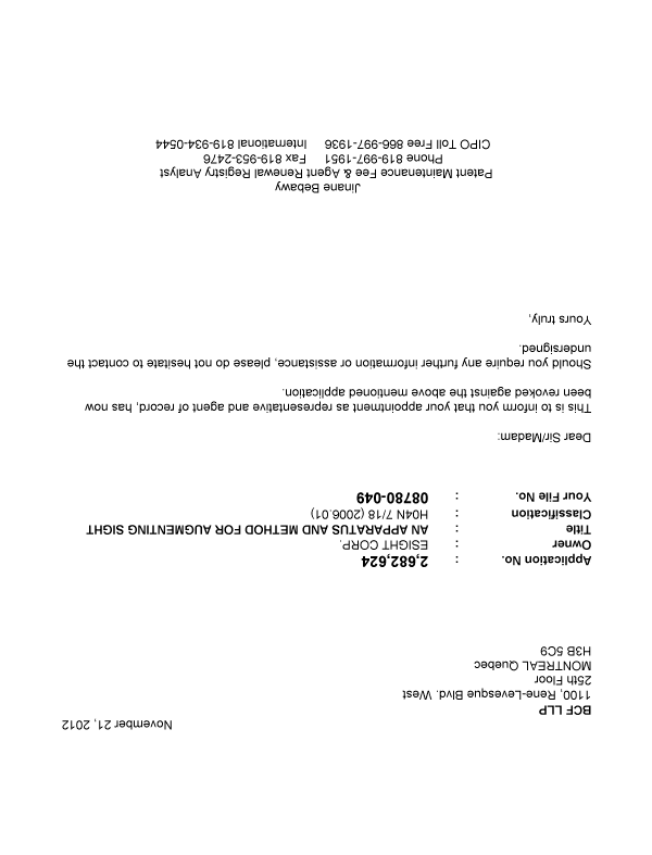 Canadian Patent Document 2682624. Correspondence 20121121. Image 1 of 1