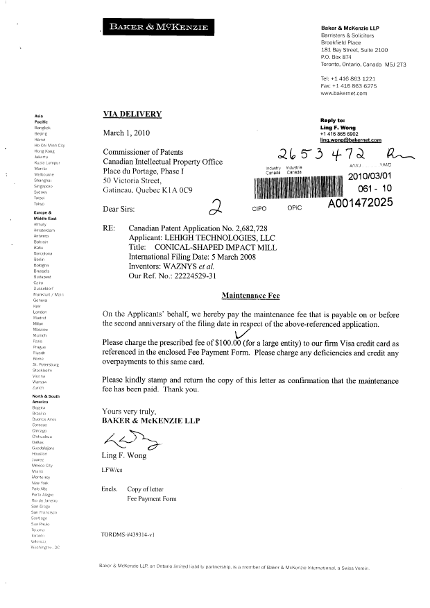 Document de brevet canadien 2682728. Taxes 20100301. Image 1 de 1