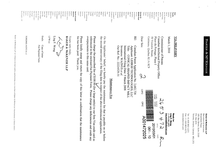 Document de brevet canadien 2682728. Taxes 20100301. Image 1 de 1