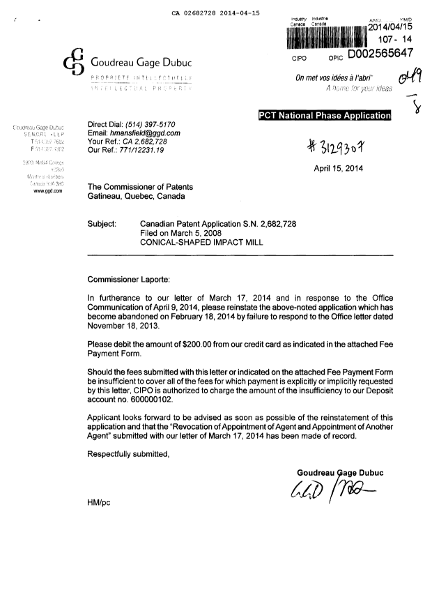 Document de brevet canadien 2682728. Correspondance 20140415. Image 1 de 1
