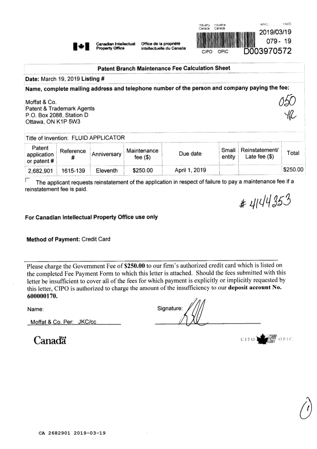 Document de brevet canadien 2682901. Taxes 20181219. Image 1 de 1
