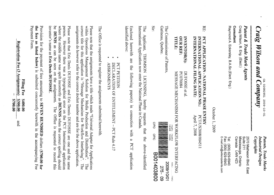 Document de brevet canadien 2682951. Cession 20091001. Image 1 de 8