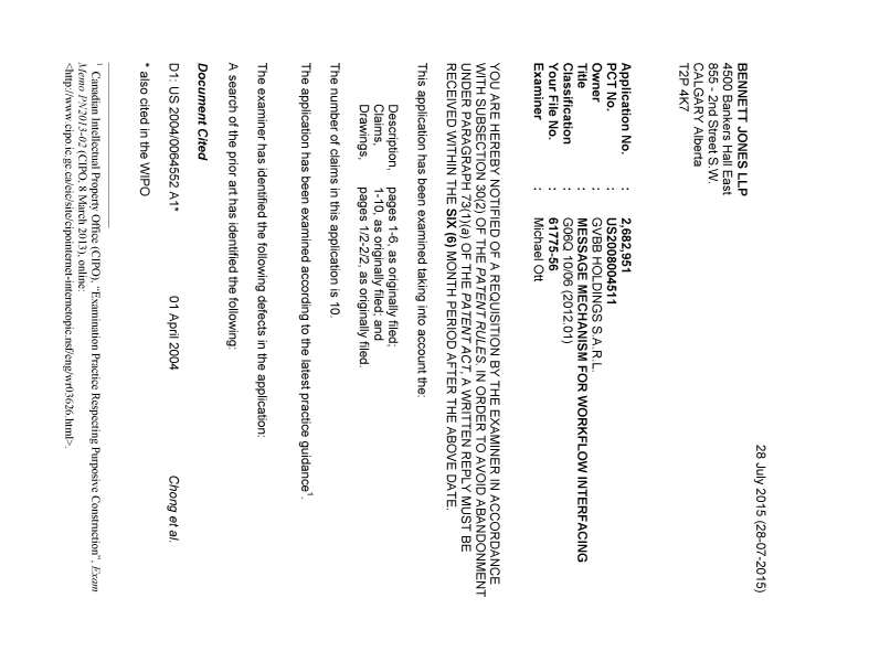 Document de brevet canadien 2682951. Demande d'examen 20150728. Image 1 de 4