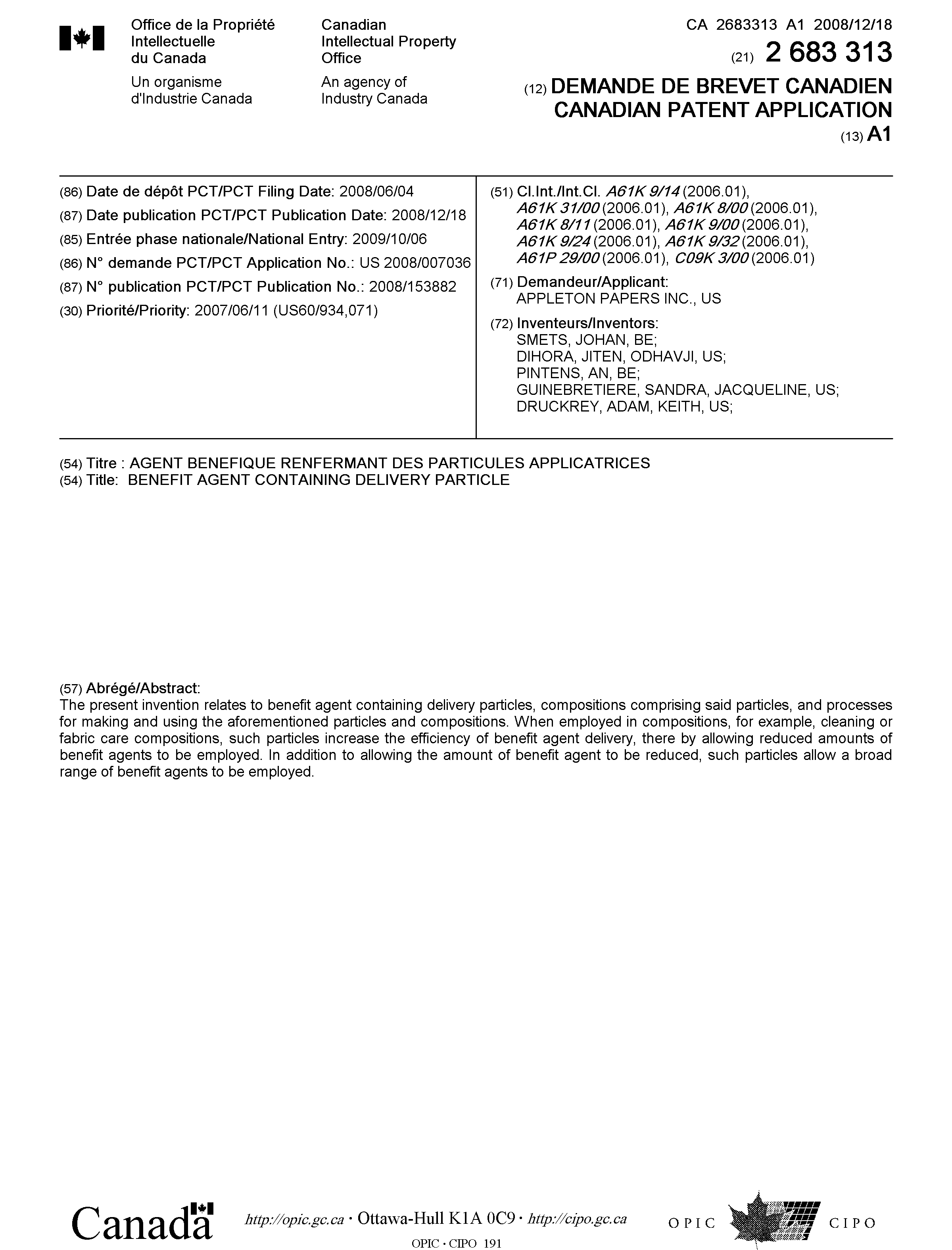 Canadian Patent Document 2683313. Cover Page 20091214. Image 1 of 2
