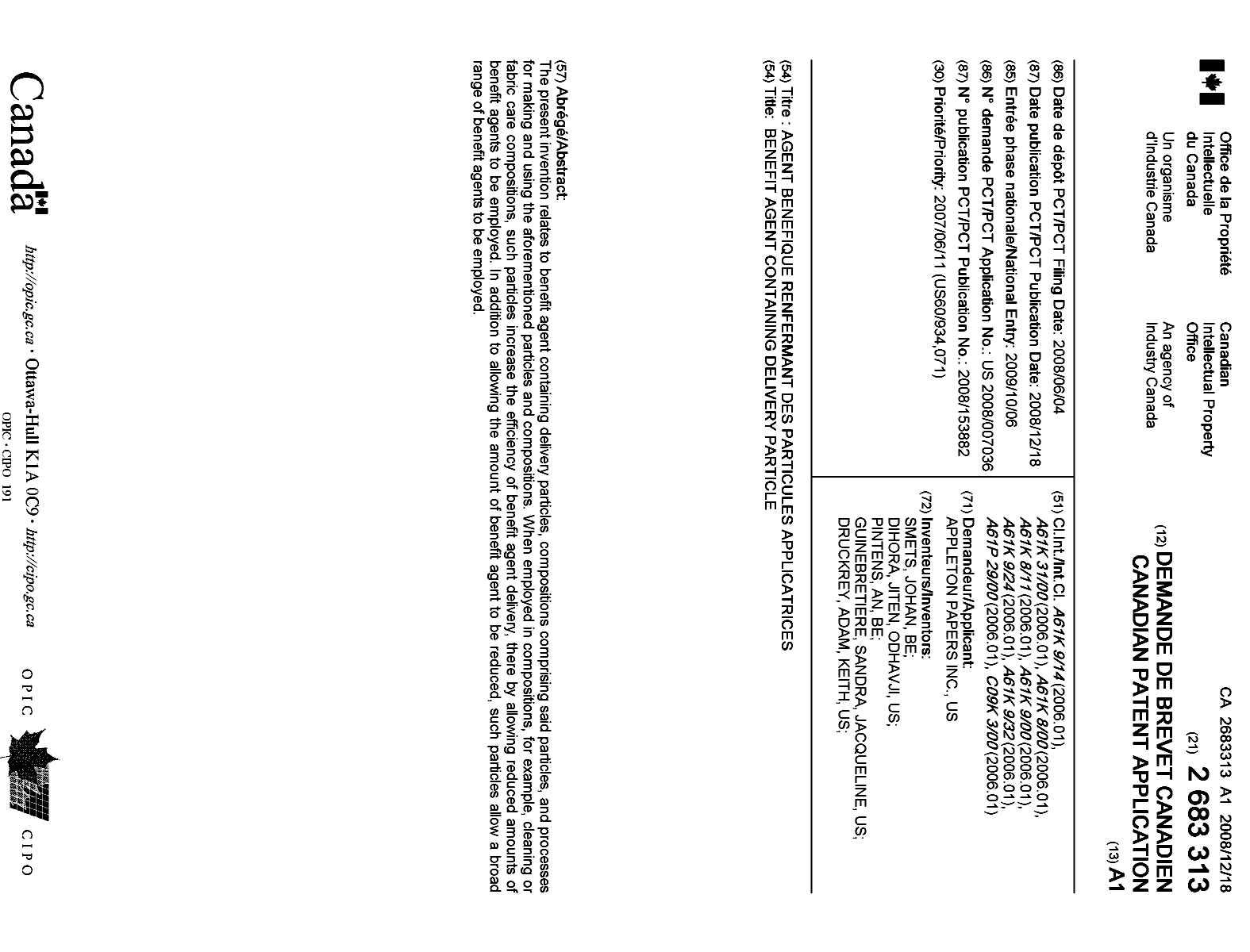 Canadian Patent Document 2683313. Cover Page 20091214. Image 1 of 2