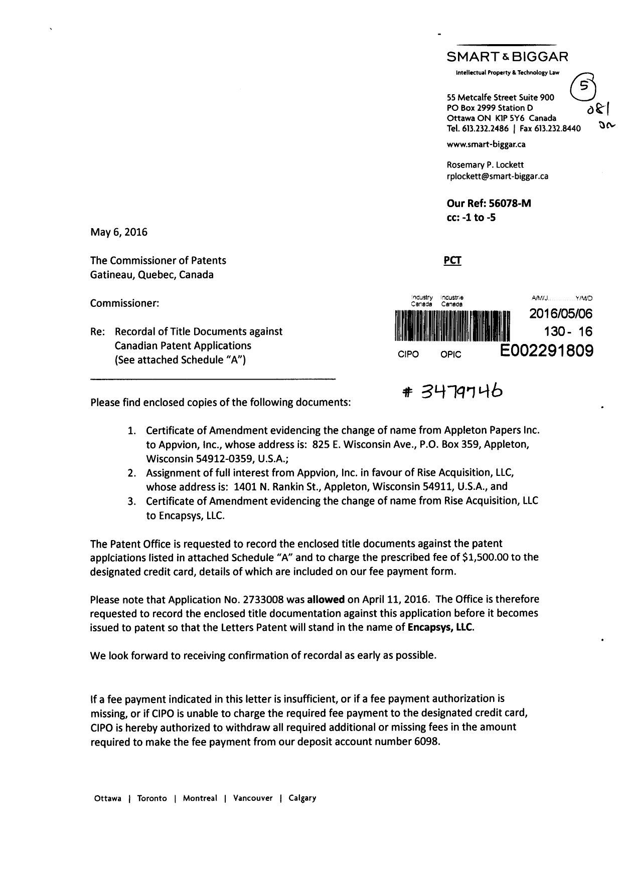 Document de brevet canadien 2683313. Cession 20160506. Image 1 de 10